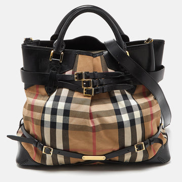 BURBERRY Black House Check Canvas and Leather Large Bridle Lynher Tote