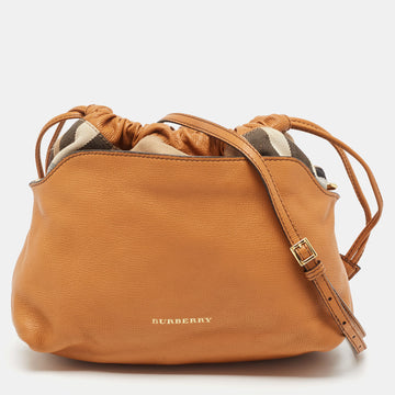 BURBERRY Tan Leather and House Check Fabric Little Crush Crossbody Bag
