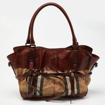 BURBERRY Brown/Beige House Check Canvas and Leather Belted Tote