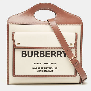 BURBERRY Brown/Beige Leather and Canvas Medium Pocket Bag