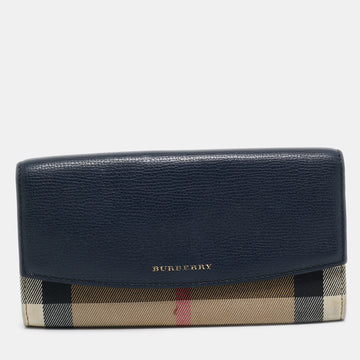 BURBERRY Navy Blue/Beige House Check Canvas and Leather Flap Continental Wallet
