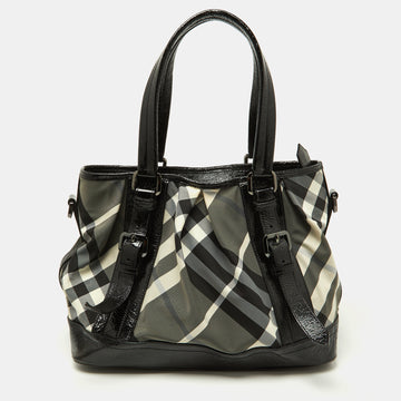 BURBERRY Black/Grey Beat Check Nylon and Patent Leather Lowry Tote