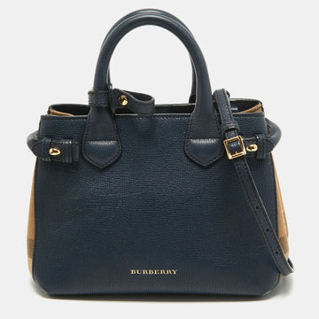BURBERRY Navy Blue/Beige House Check Canvas and Leather Mini Banner Tote