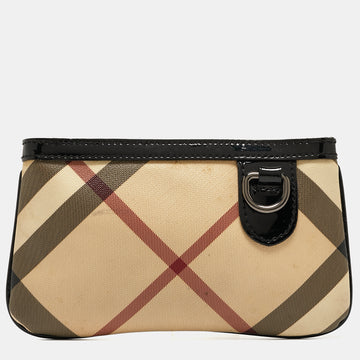 BURBERRY Beige/Black Nova Check Coated Canvas and Patent Leather Zip Wristlet Clutch