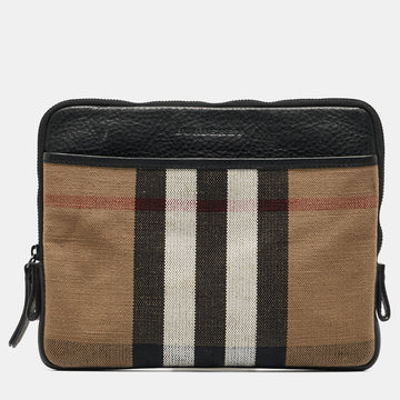 BURBERRY Beige/Black Exploded Check Canvas and Leather Zip Pouch