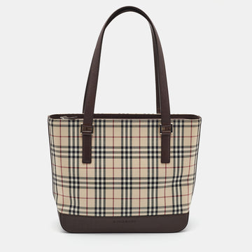 BURBERRY Beige/Brown Vintage Check Fabric and Leather Rectangle Tote