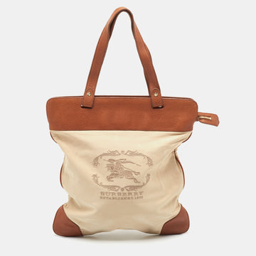 BURBERRY Beige/Brown Canvas and Leather Stowell Roll Up Tote