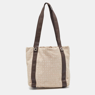 BVLGARI Beige/Brown Logo Mania Canvas and Leather Tote