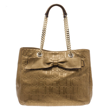 CAROLINA HERRERA Gold Monogram Leather Audrey Tote Bag