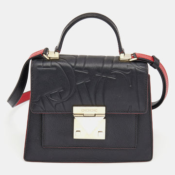 CAROLINA HERRERA Black Embossed Leather Pushlock Flap Top Handle Bag