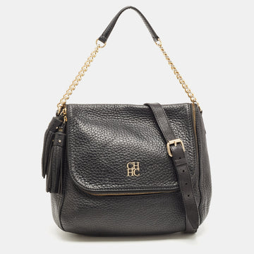 CAROLINA HERRERA Black Leather Tassel Flap Shoulder Bag