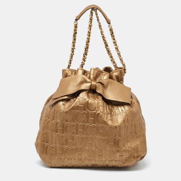 CAROLINA HERRERA Gold Embossed Leather Bow Bucket Bag