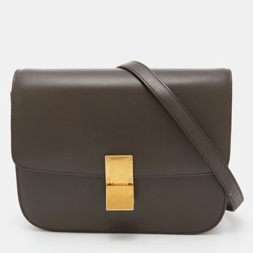 CELINE Olive Green Leather Medium Classic Box Shoulder Bag