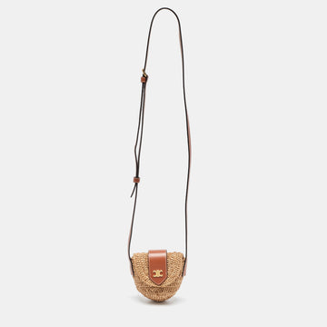 CELINE Beige/Brown Straw and Leather Crossbody Bag