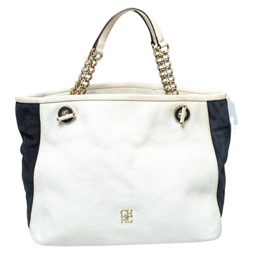 CH CAROLINA HERRERA White/Blue Textured Leather And Suede Tote