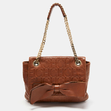 CH CAROLINA HERRERA Brown Monogram Leather Audrey Shoulder Bag