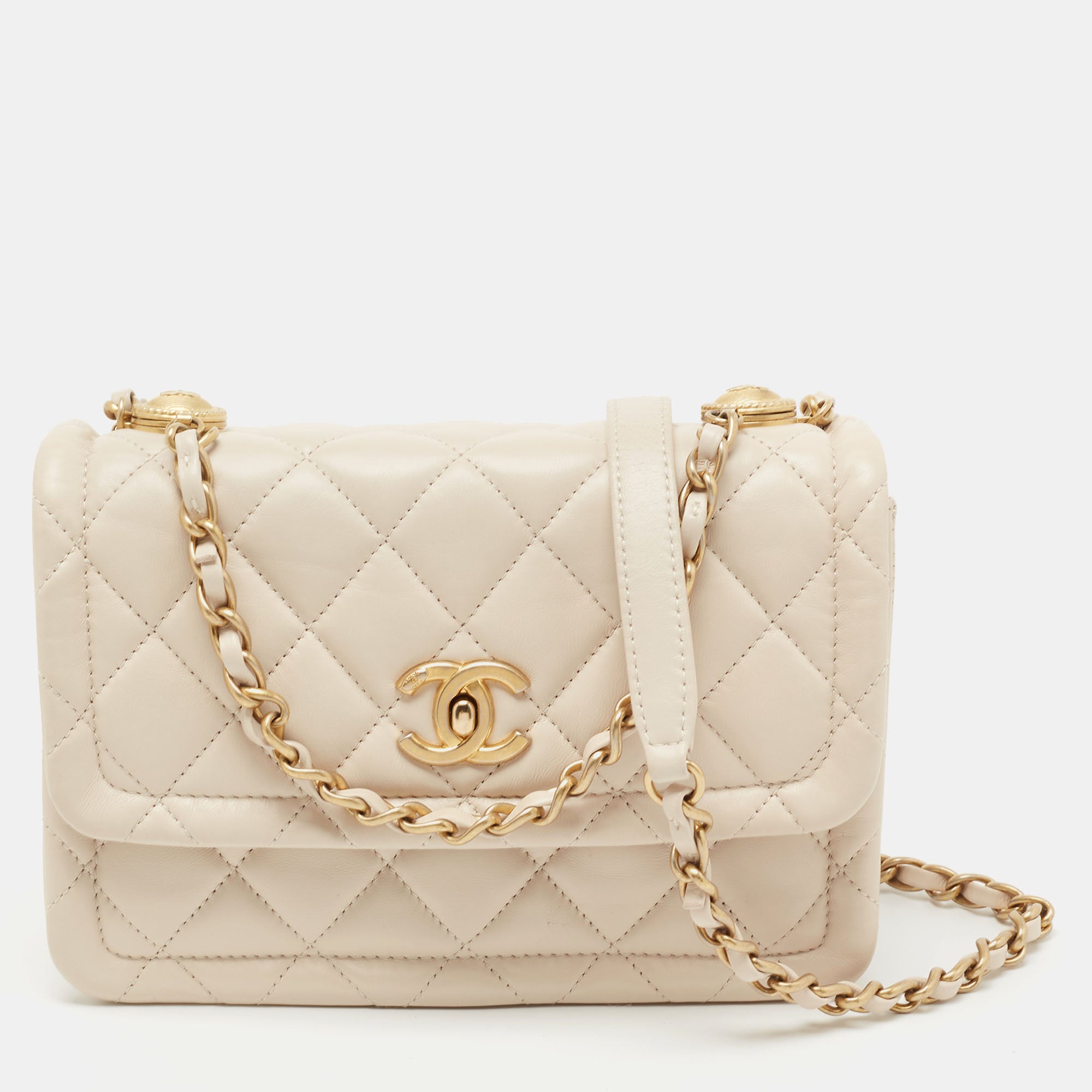Chanel Beige Quilted Leather Button Up Flap Bag