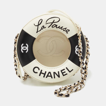 Chanel White/Black Leather Coco Lifesaver Round Bag