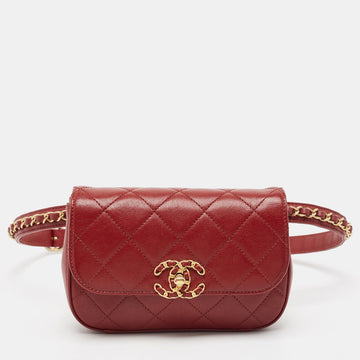 CHANEL Dark Red Quilted Leather CC Flap Belt Bag