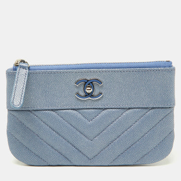CHANEL Blue Quilted Caviar Leather CC Zip Pouch
