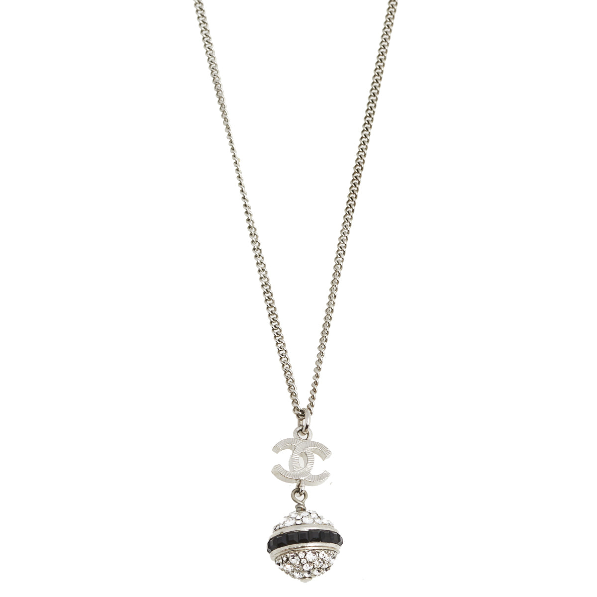 Chanel CC Silver Tone Metal Crystal Ball Pendant Necklace