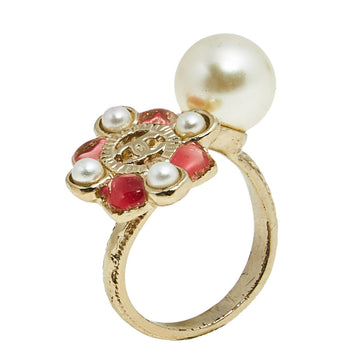 Chanel Pink Gripoix Pearl Gold Tone Floral Cocktail Ring Size EU 54