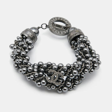 Chanel CC Grey Faux Pearls Gunmetal Tone Bracelet