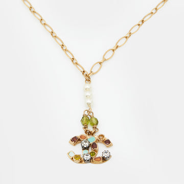 Chanel Gold Tone Multicolor Crystal Embedded CC Charm Necklace