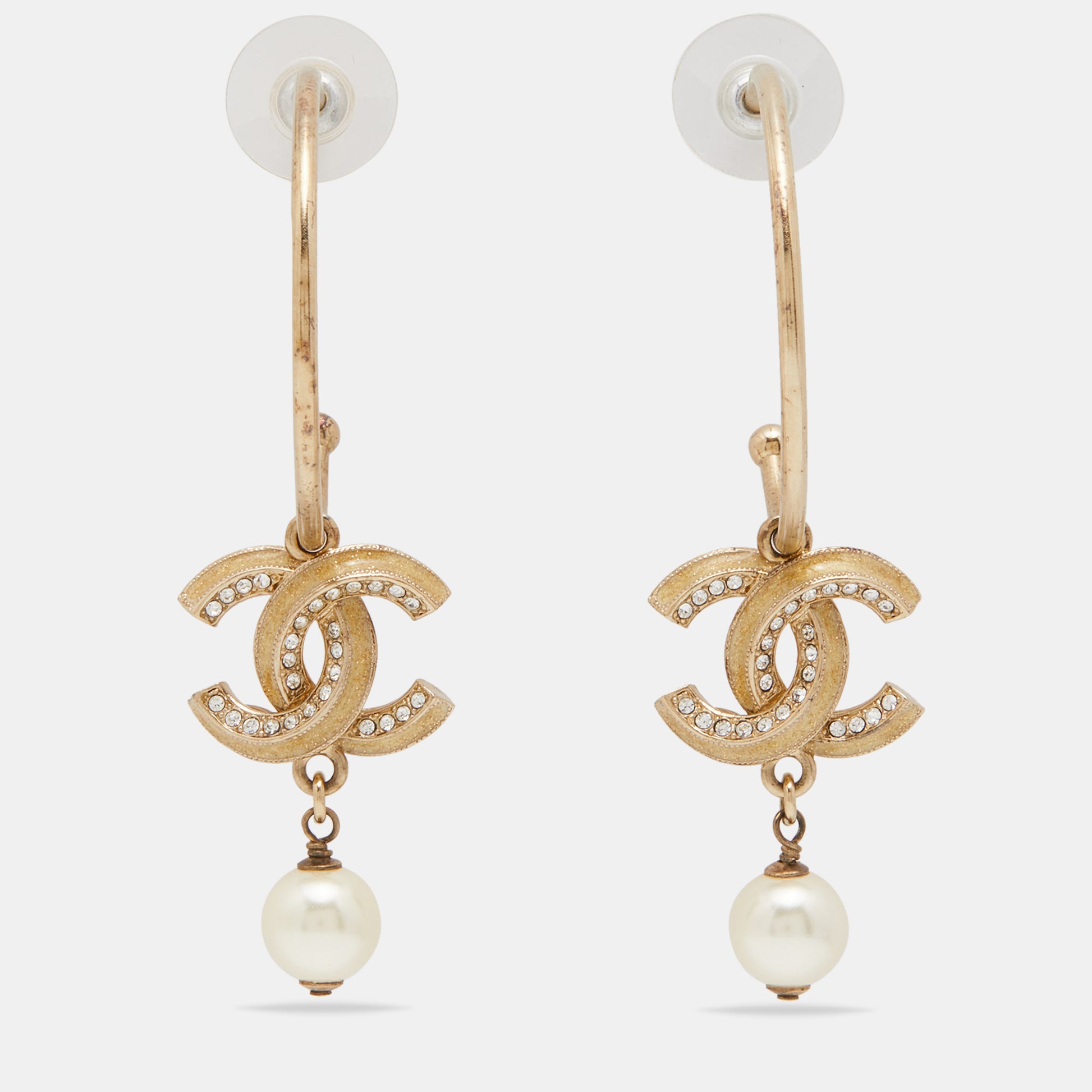 Chanel Gold Tone Crystal CC Pearl Drop Earrings Chanel | The Luxury Closet