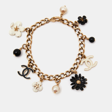 Chanel Gold Tone Daisy & Camelia Enamel Charms Bracelet