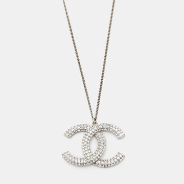 Chanel CC Crystals Silver Tone Pendant Necklace