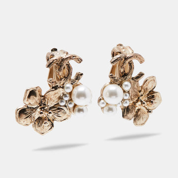 Chanel CC Camellia Faux Pearl Clip On Stud Earrings