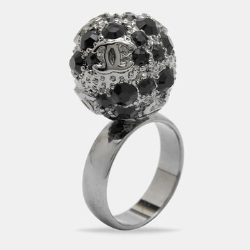 Chanel Gunmetal Tone Black Crystal CC Sphere Ring Size EU 52.5