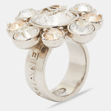 Chanel Silver Tone Crystal CC Cocktail Ring Size EU 54