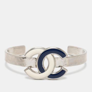 Chanel Hammered Silver Tone Enamel CC Cuff Bracelet