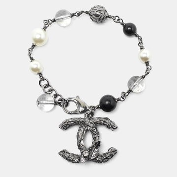 Chanel Silver Tone Hammered CC Charm Beaded Bracelet