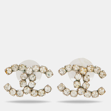 Chanel Silver Tone Crystal CC Stud Earrings