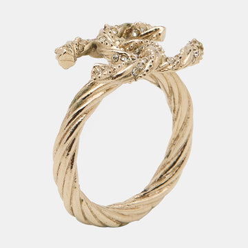 Chanel Gold Tone Crystal Twist CC Cocktail Ring Size EU 54