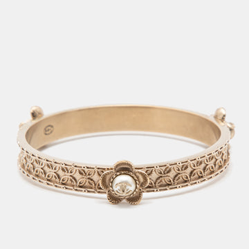 Chanel CC Floral Faux Pearl Gold Tone Bangle Bracelet
