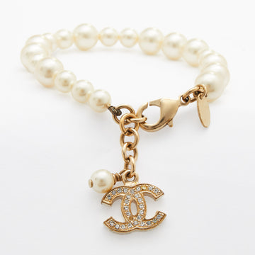 Chanel Gold Tone Faux Pearl Crystal CC Charm Bracelet