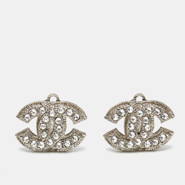 Chanel CC Crystals Silver Tone Clip On Earrings