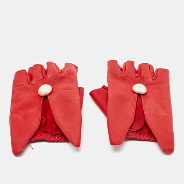 CHANEL Red Leather CC Pearl Embellished Fingerless Gloves Size 8