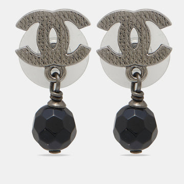 Chanel CC Black Bead Gunmetal Tone Drop Earrings