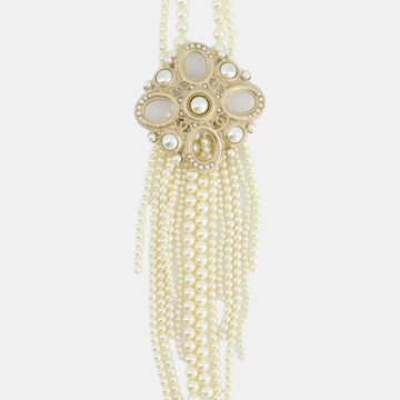 CHANEL Choker Long Pearl Necklace with Antique Gold Pendant