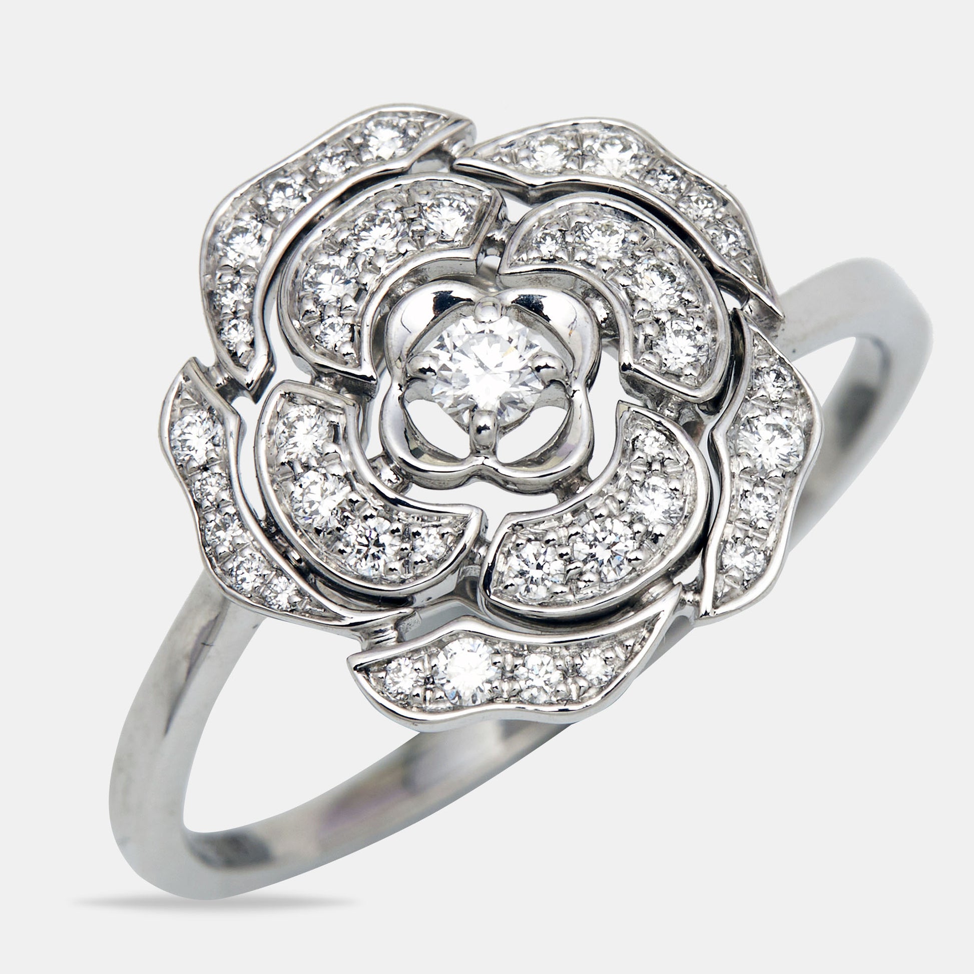 CHANEL, Jewelry, Chanel Bouton De Cameacutelia Diamond Flower 8k White  Gold Ring Size 59