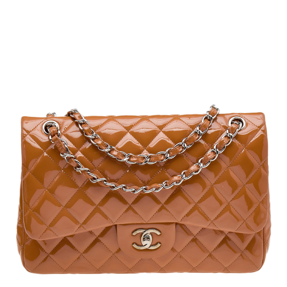Chanel Burnt Orange Quilted Patent Leather Jumbo Classic Double Flap B
