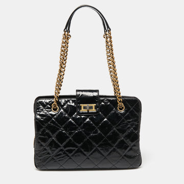 Chanel Black Crackled Glazed Quilted Leather Reissue Chain Tote