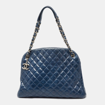 Chanel Blue Glazed Crackled Quilted Patent Large Just Mademoiselle Bowler Bag
