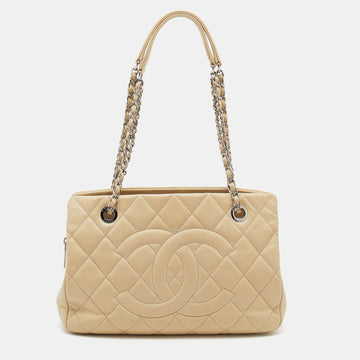 Chanel Cream Quilted Caviar Leather CC Timeless Shopper Tote