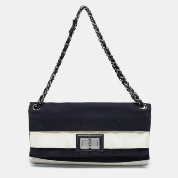 Chanel Black/White Stripe Canvas Mademoiselle Turnlock Flap Bag